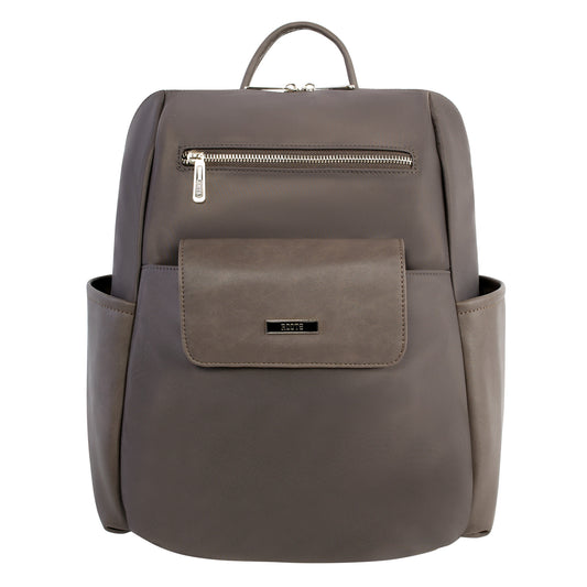 Product Image – Roots Backpack with Removable Front Pouch in taupe leather, featuring side pockets and a carrying handle.