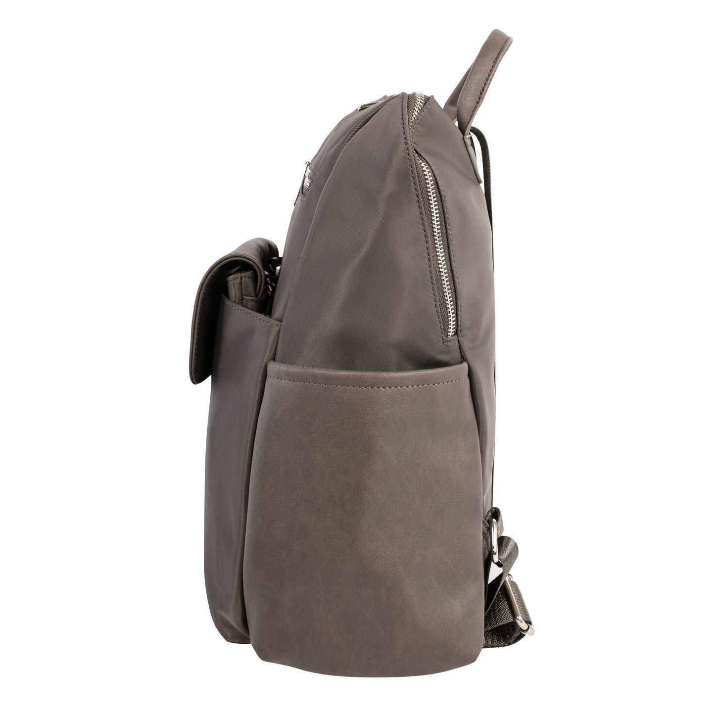 Side view of the Roots Backpack with Removable Front Pouch, featuring a zippered main compartment and side pocket.