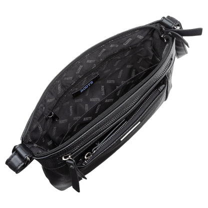 Top view of Roots 2 Front Pocket Crossbody with zip pocket and "ROOTS" logo lining inside.