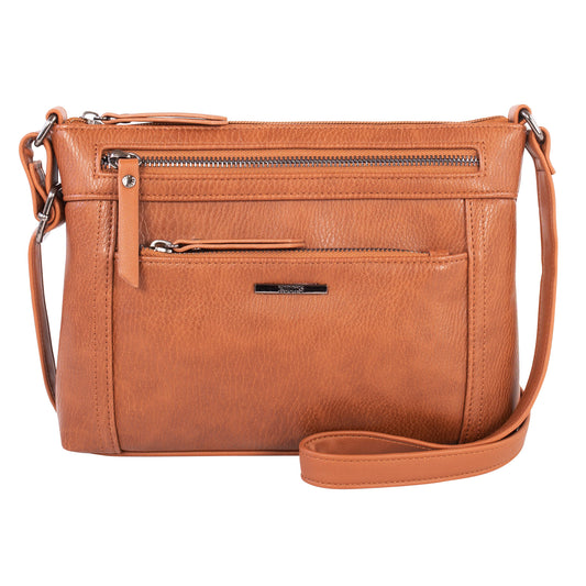 Product Image – Roots 2 Front Pocket Crossbody by Roots with two zippered pockets and adjustable strap, shown on white background.