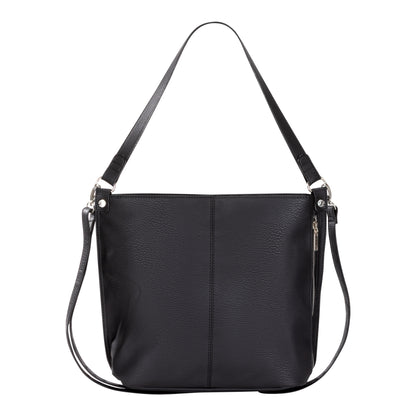 Roots Hobo Handbag in black faux leather with silver-tone hardware and adjustable shoulder strap, by Roots.