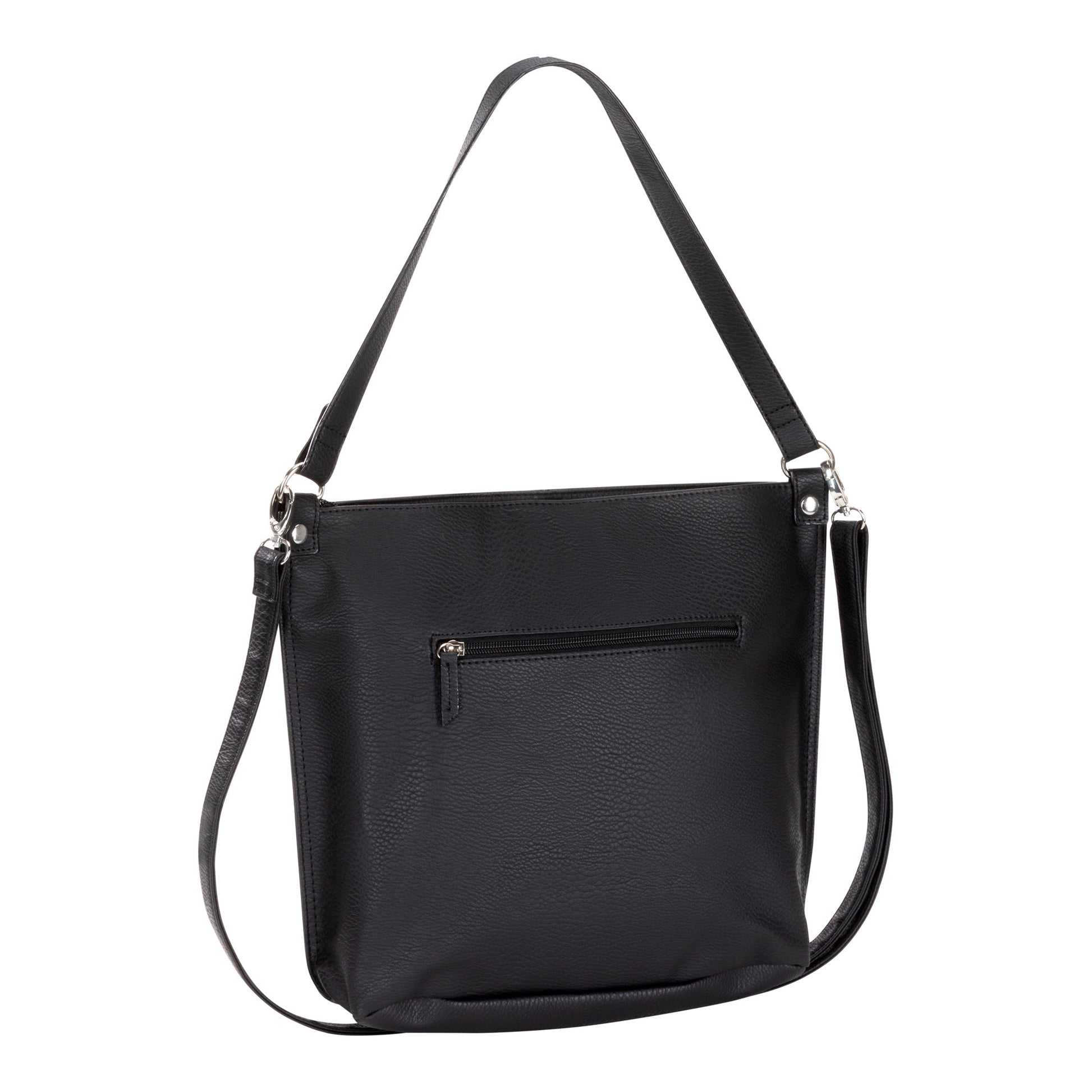 Roots Hobo Handbag by Roots in black faux leather with zippered front pocket and adjustable shoulder strap.