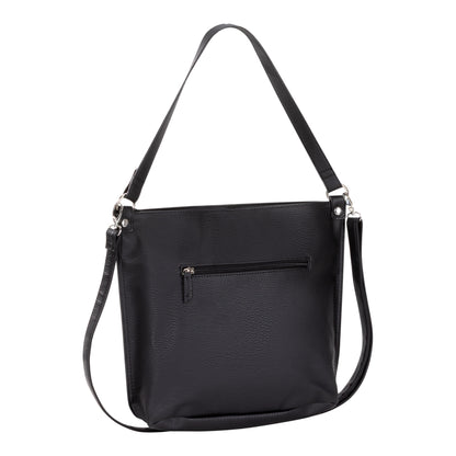 Roots Hobo Handbag by Roots in black faux leather with zippered front pocket and adjustable shoulder strap.