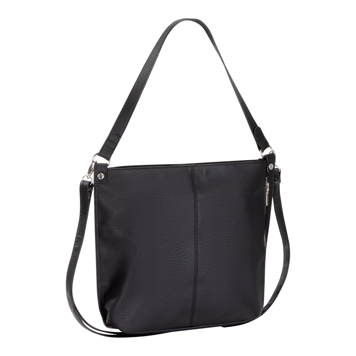Roots Hobo Handbag in black faux leather with an adjustable strap, displayed on a white background.