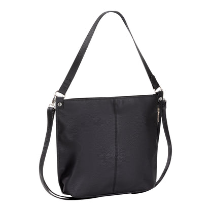 Roots Hobo Handbag in black faux leather with an adjustable strap, displayed on a white background.