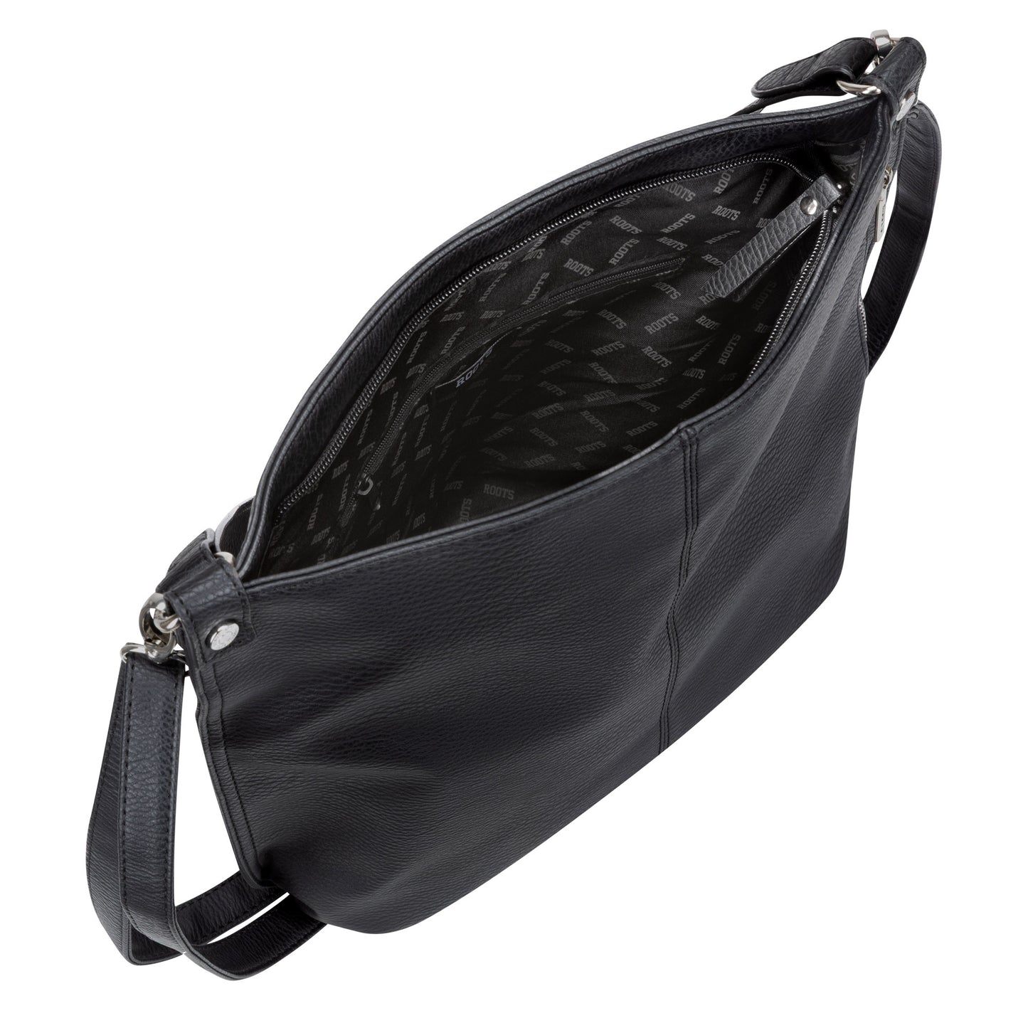 The Roots Hobo Handbag features black faux leather, an open top, zip pocket, and adjustable shoulder strap.