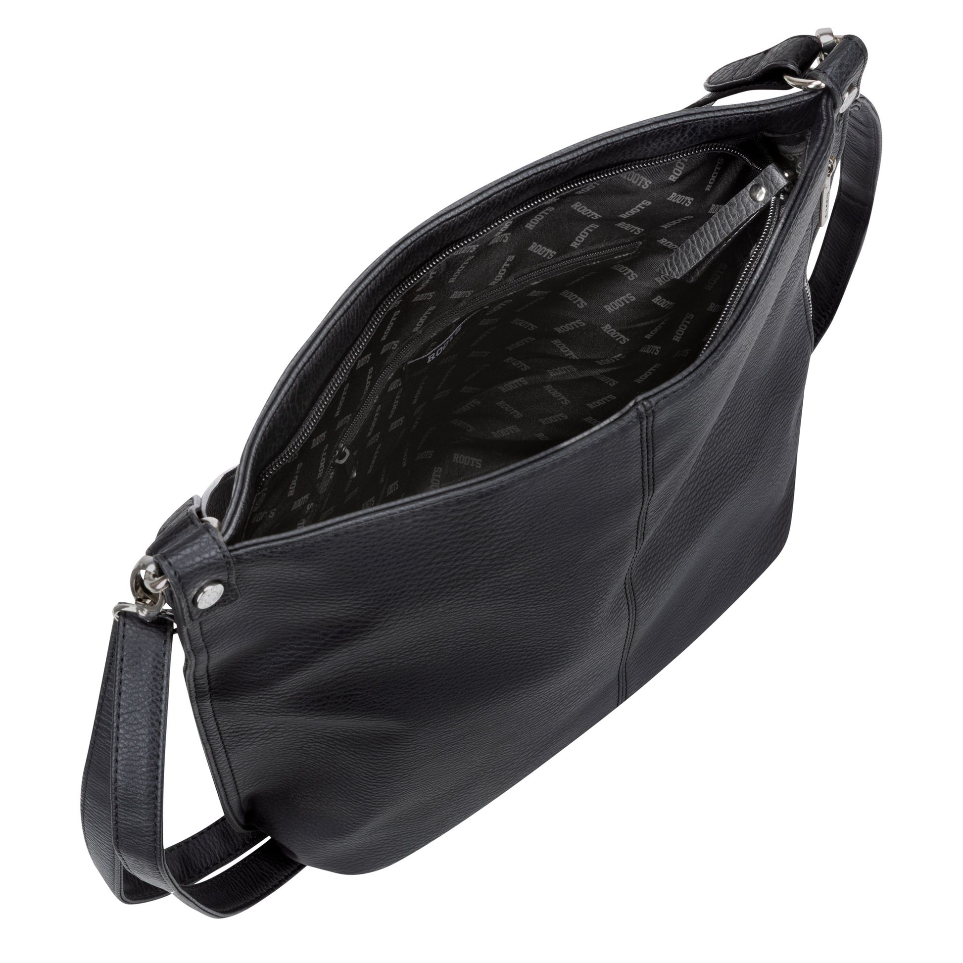 The Roots Hobo Handbag features black faux leather, an open top, zip pocket, and adjustable shoulder strap.