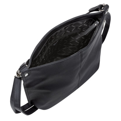 The Roots Hobo Handbag features black faux leather, an open top, zip pocket, and adjustable shoulder strap.