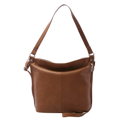 Roots Hobo Handbag by Roots, in brown faux leather with adjustable shoulder strap, shown on white background.