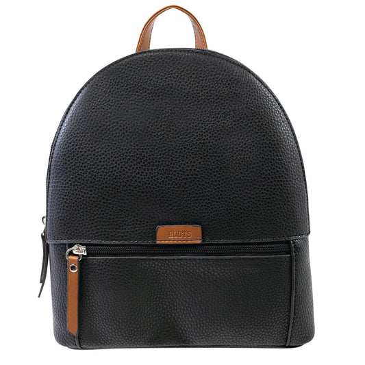Product Image – Roots Faux Leather Backpack by Roots with front zip pocket, brown trim zipper pull, and top handle.