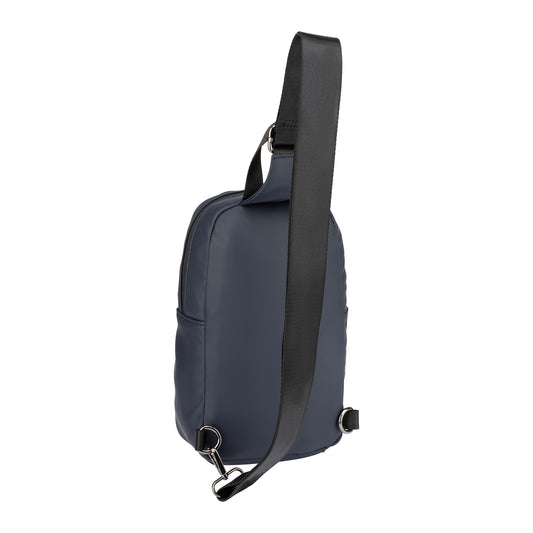Product Image – Roots Derek Sling Bag: Durable, dark blue, with a black adjustable strap and silver hardware.