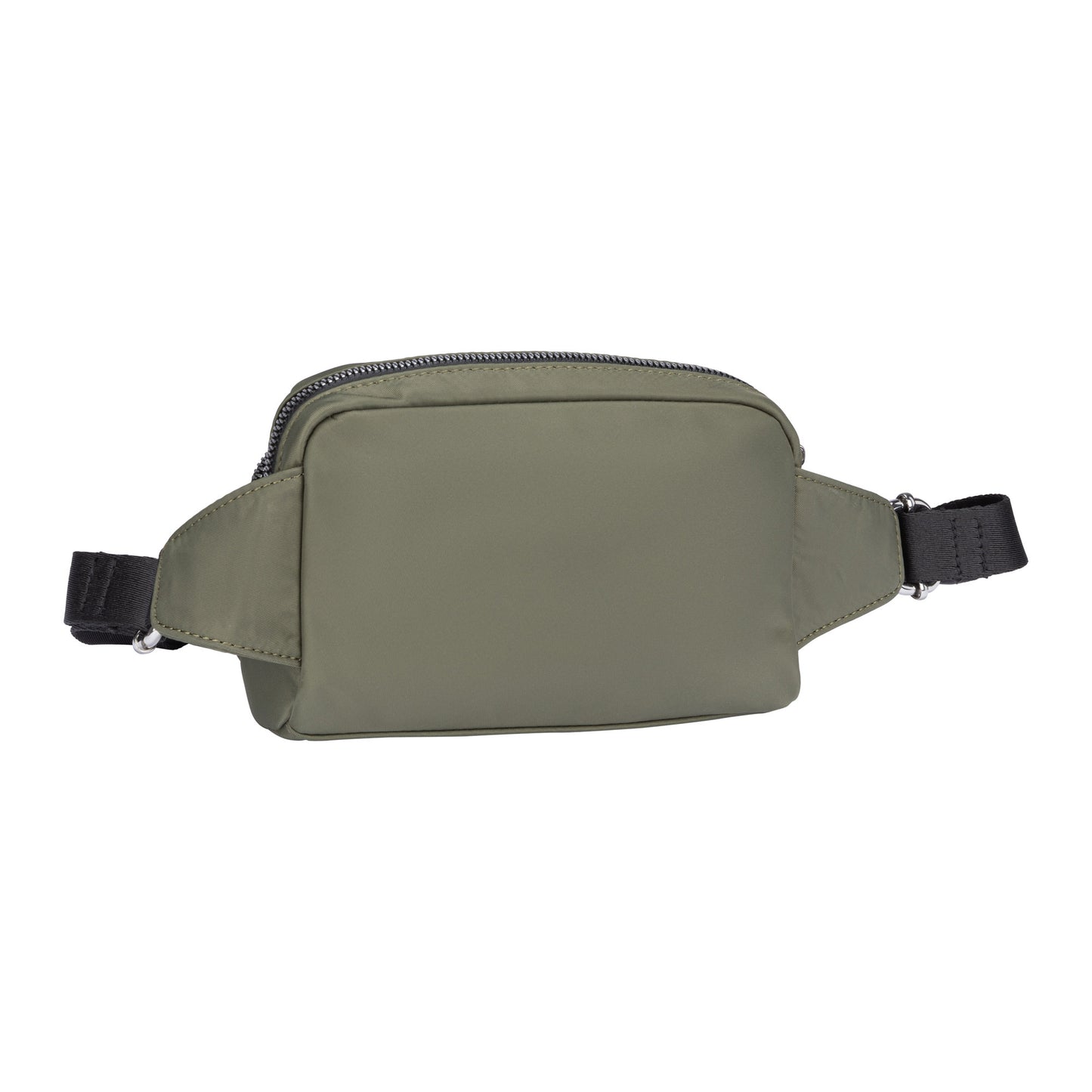 Back of a khaki Roots Ally Fanny Pack with rounded top and adjustable strap, on a white background.