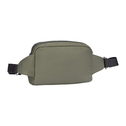 Back of a khaki Roots Ally Fanny Pack with rounded top and adjustable strap, on a white background.