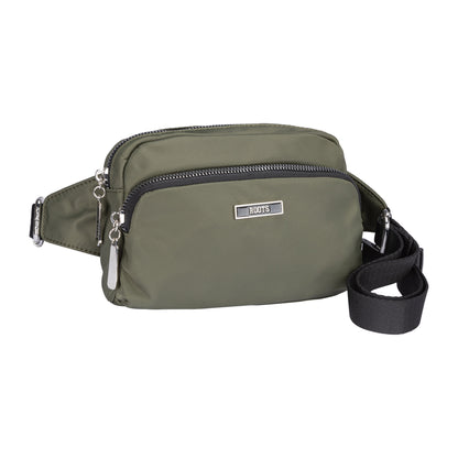 Khaki Roots Ally Fanny Pack with rounded top, two zippered compartments, and adjustable waist strap.