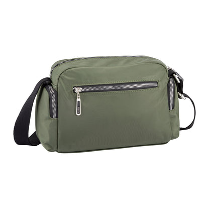 Roots Ally Camera Crossbody by Roots in khaki with silver zippers, front pocket, and adjustable strap.