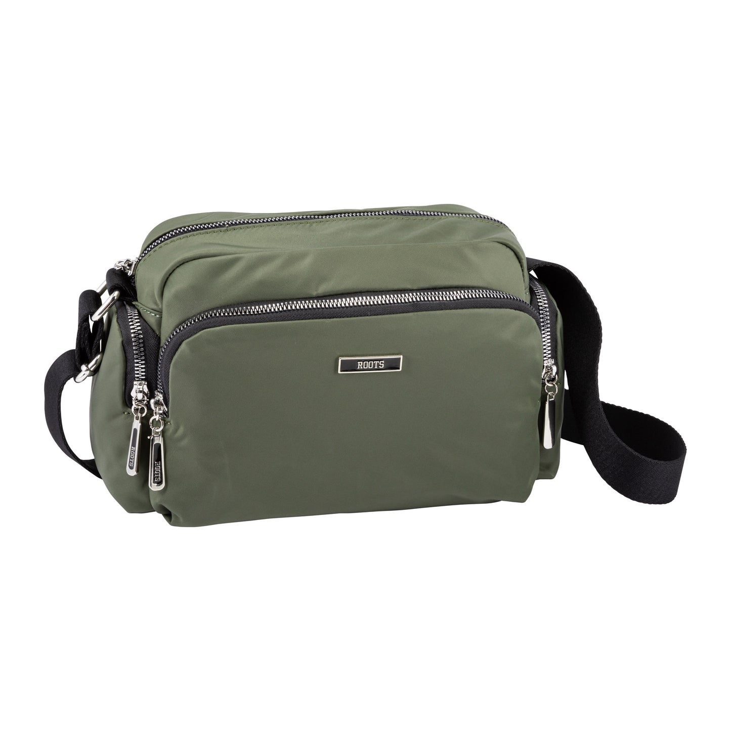 Roots Ally Camera Crossbody in khaki with three zip pockets and black adjustable strap by Roots.