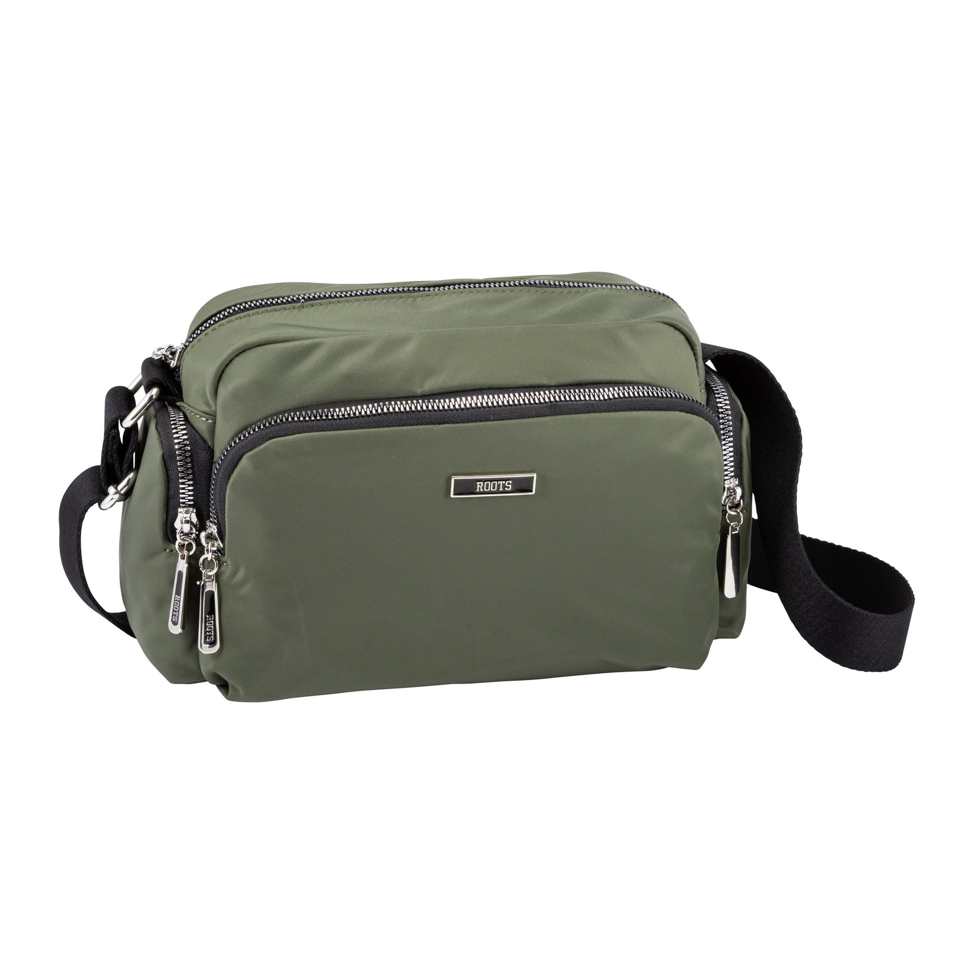 Roots Ally Camera Crossbody in khaki with three zip pockets and black adjustable strap by Roots.
