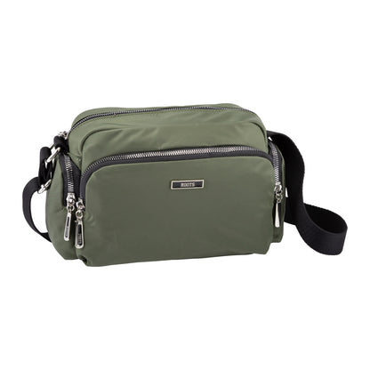 Roots Ally Camera Crossbody in khaki with three zip pockets and black adjustable strap by Roots.