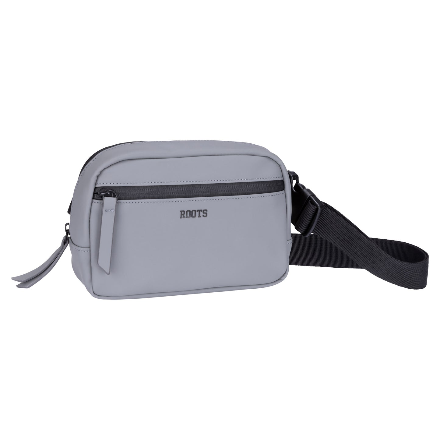 Light grey Roots Hamilton Rounded Belt Bag with water-resistant zipper and adjustable strap, on white background.