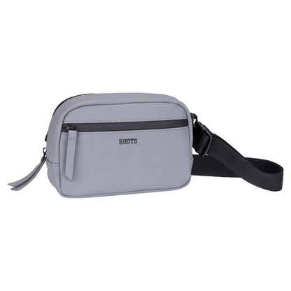 Light grey Roots Hamilton Rounded Belt Bag with water-resistant zipper and adjustable strap, on white background.