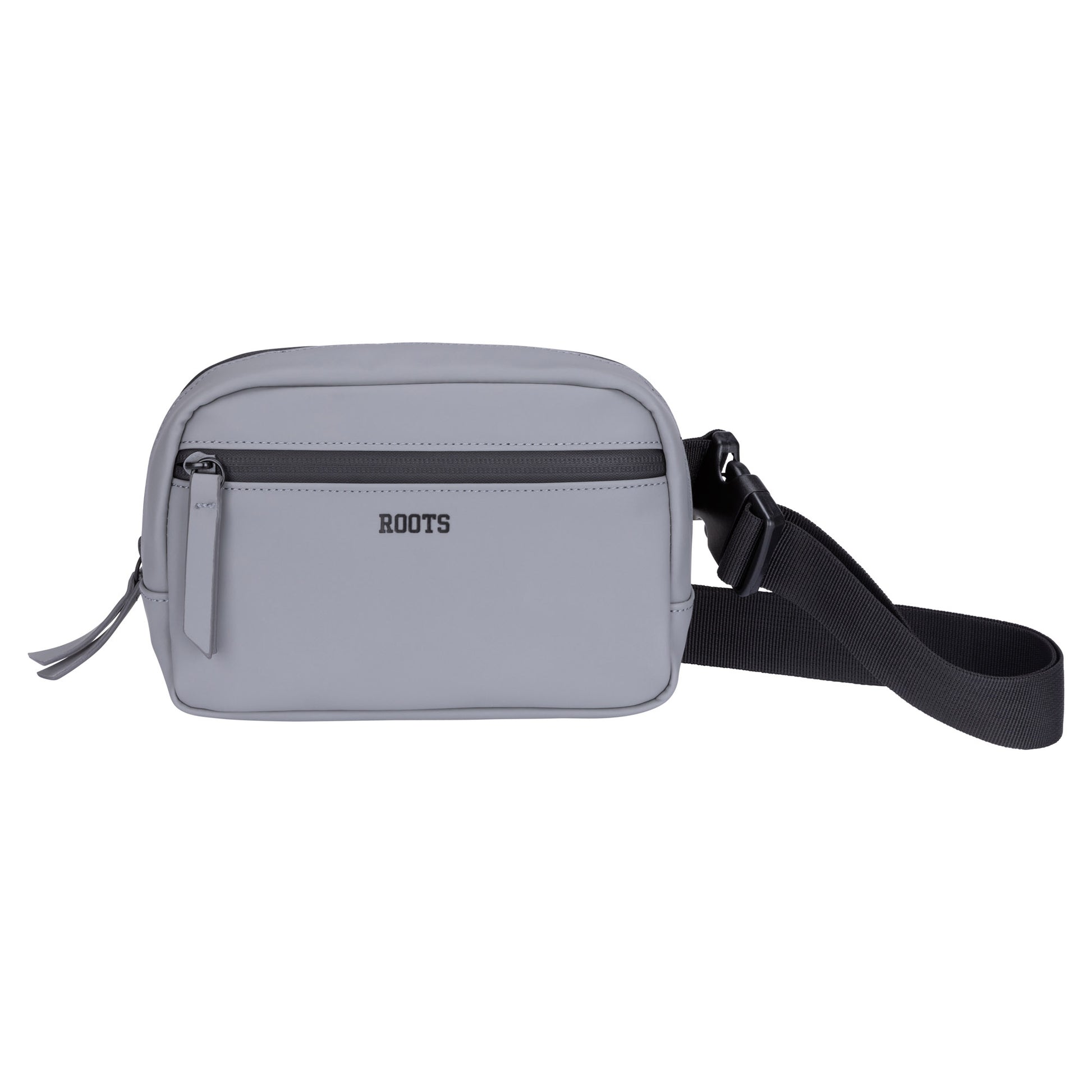 The Roots Hamilton Rounded Belt Bag is small, light gray, with water-resistant zippers and a black adjustable belt.