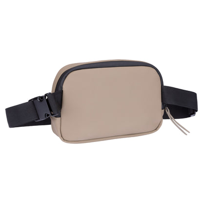 Roots Hamilton Rounded Belt Bag by Roots in beige with a black adjustable strap and side buckle on white background.