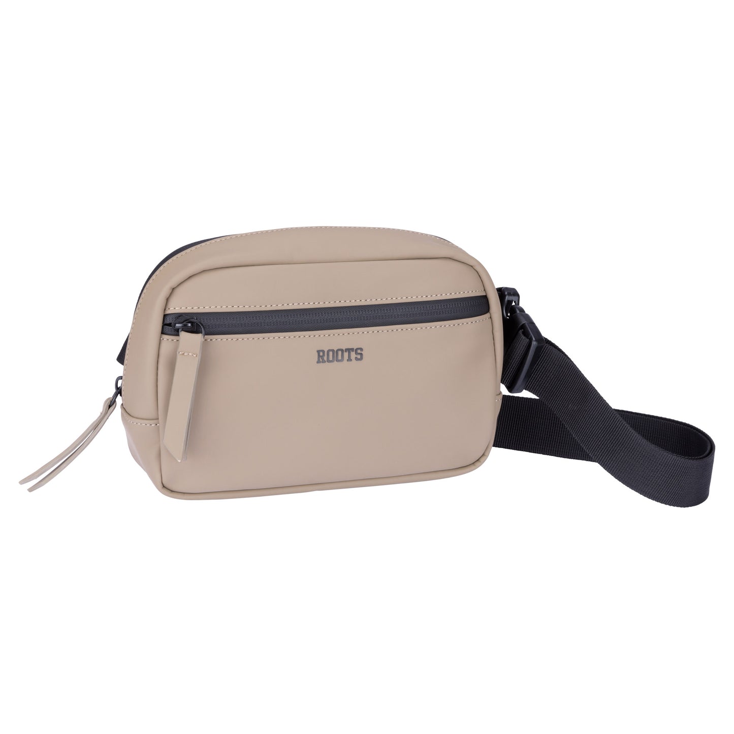 Roots Hamilton Rounded Belt Bag by Roots with adjustable strap, water-resistant zipper & front "ROOTS" logo.