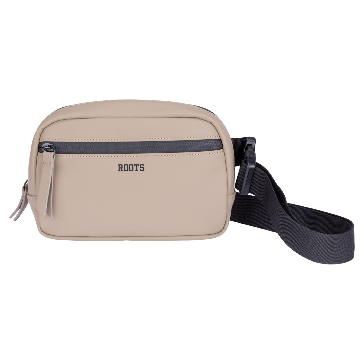 Roots Hamilton Rounded Belt Bag by Roots in beige with water-resistant zipper, black adjustable strap, on white background.