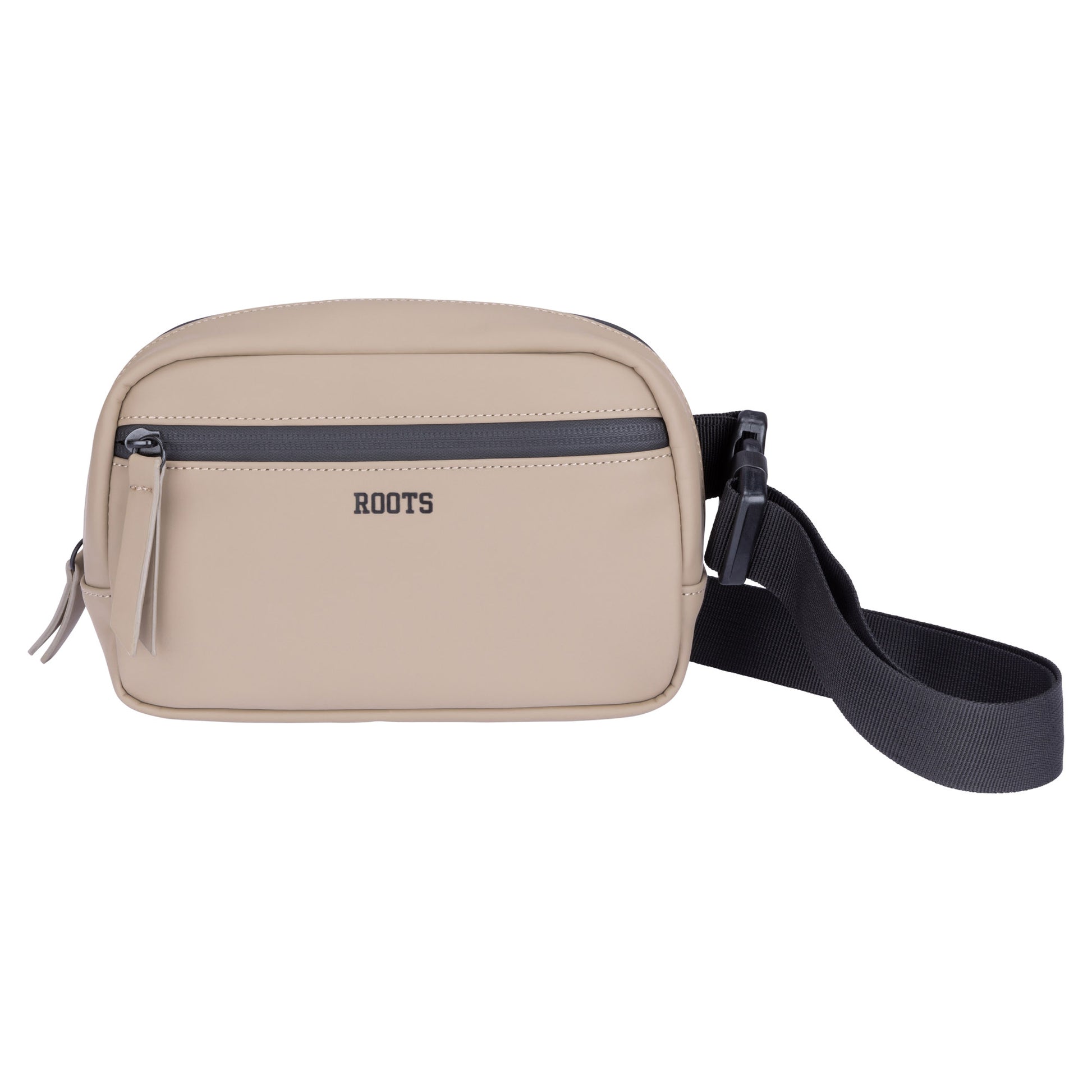 Roots Hamilton Rounded Belt Bag by Roots in beige with water-resistant zipper, black adjustable strap, on white background.