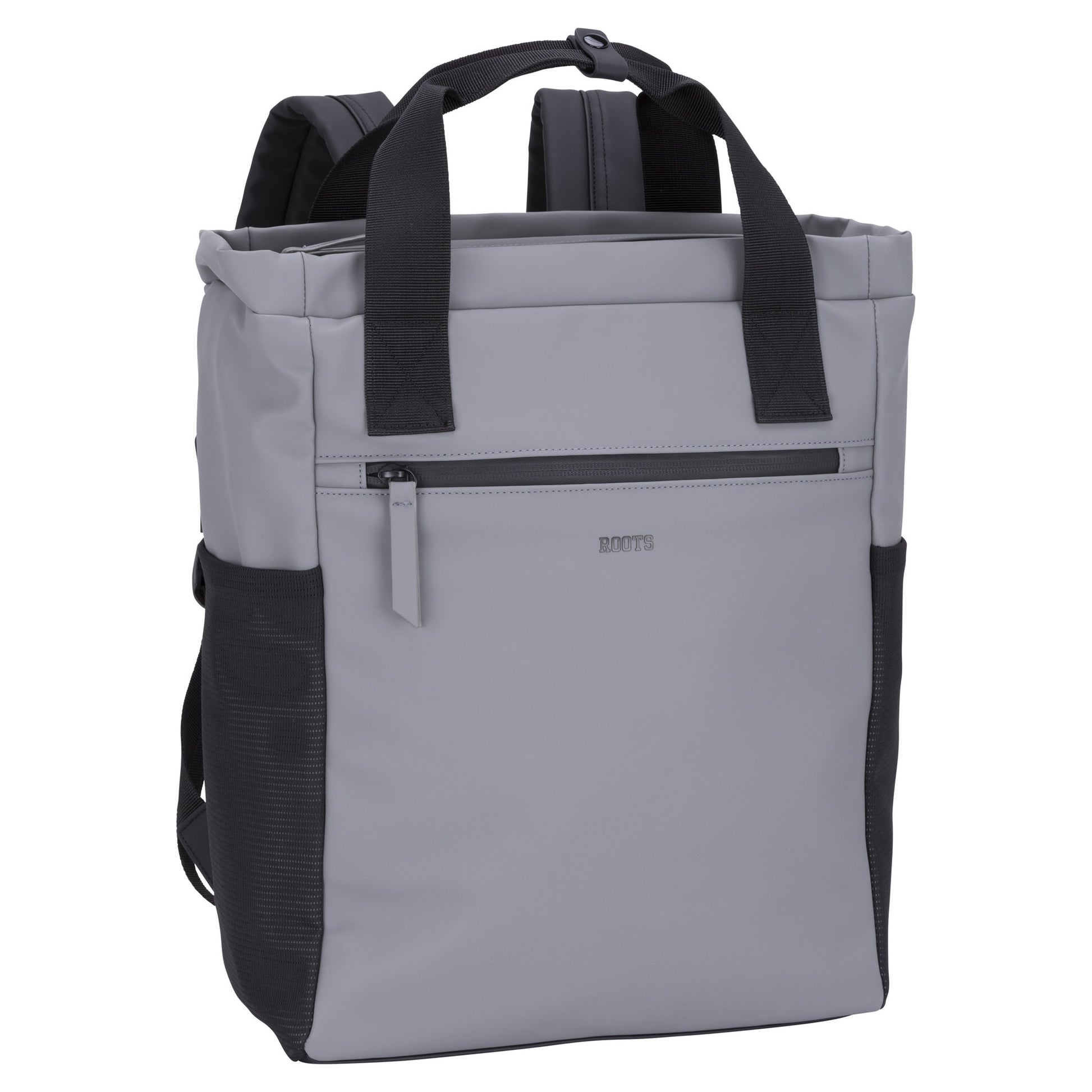 Roots Hamilton Tote Backpack in light gray with black straps, front zip pocket, and two top handles is shown upright.