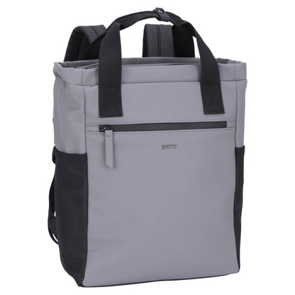 Roots Hamilton Tote Backpack in light gray with black straps, front zip pocket, and two top handles is shown upright.