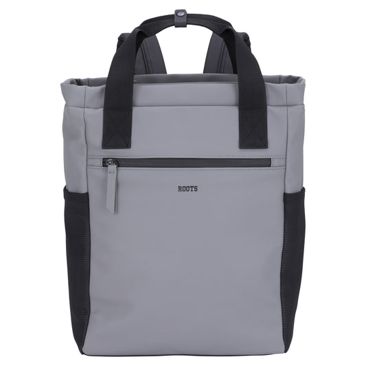 Product Image – Roots Hamilton Tote Backpack by Roots in gray/black with laptop compartment, front zip pocket & two side pockets.