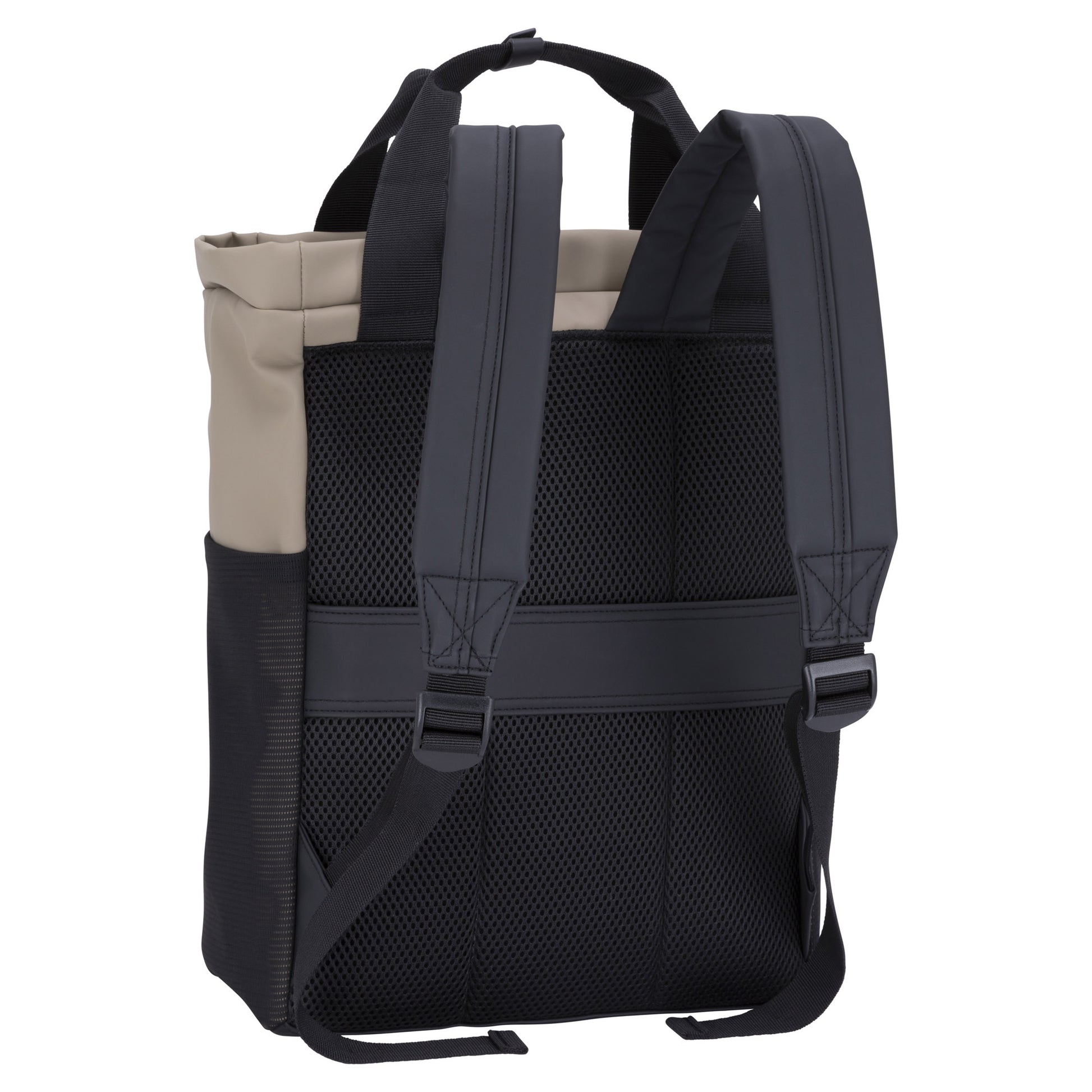 Back view of the Roots Hamilton Tote Backpack in beige and black with a laptop compartment and mesh panel.