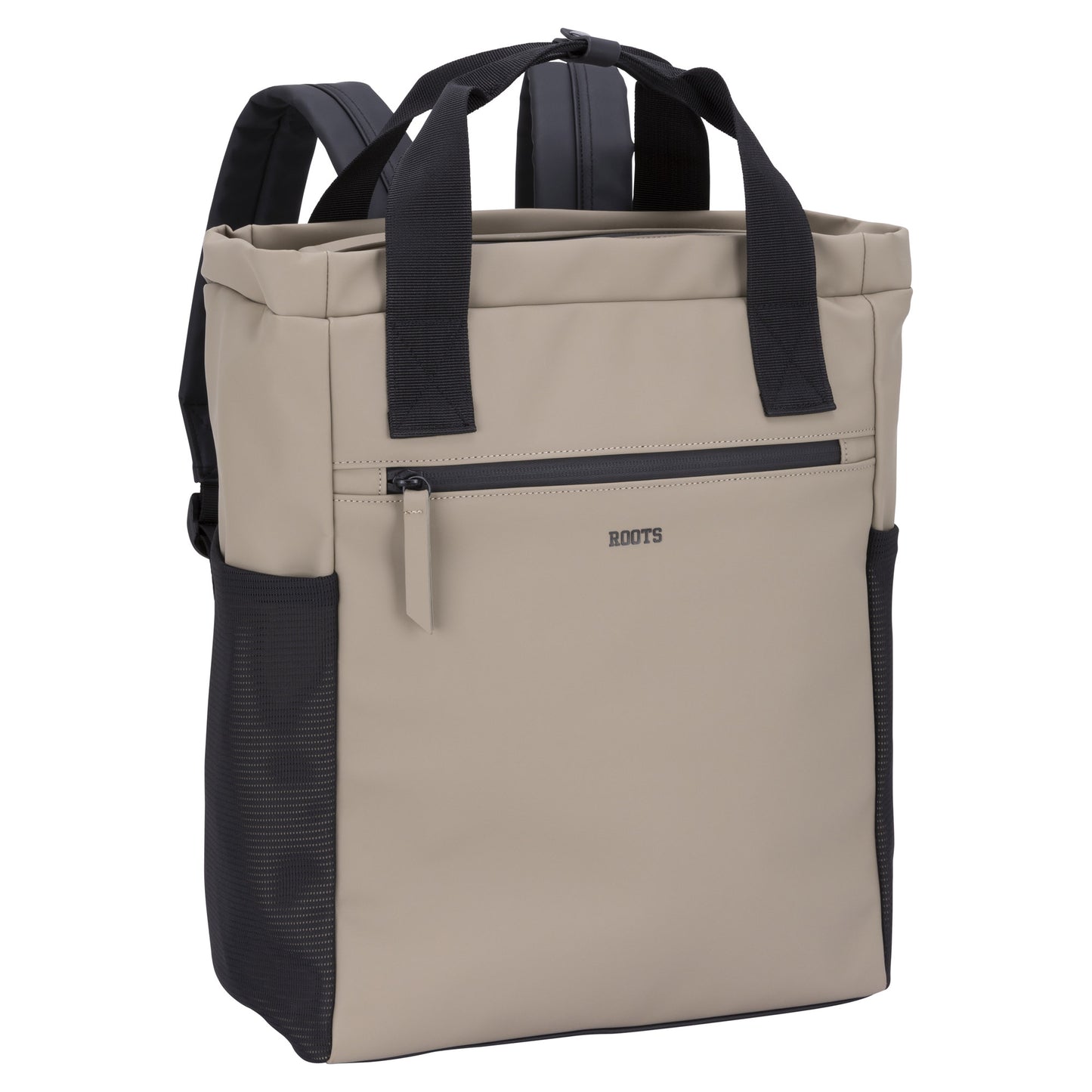 Roots Hamilton Tote Backpack by Roots in beige and black with faux leather trim, front zip, and mesh side pockets.