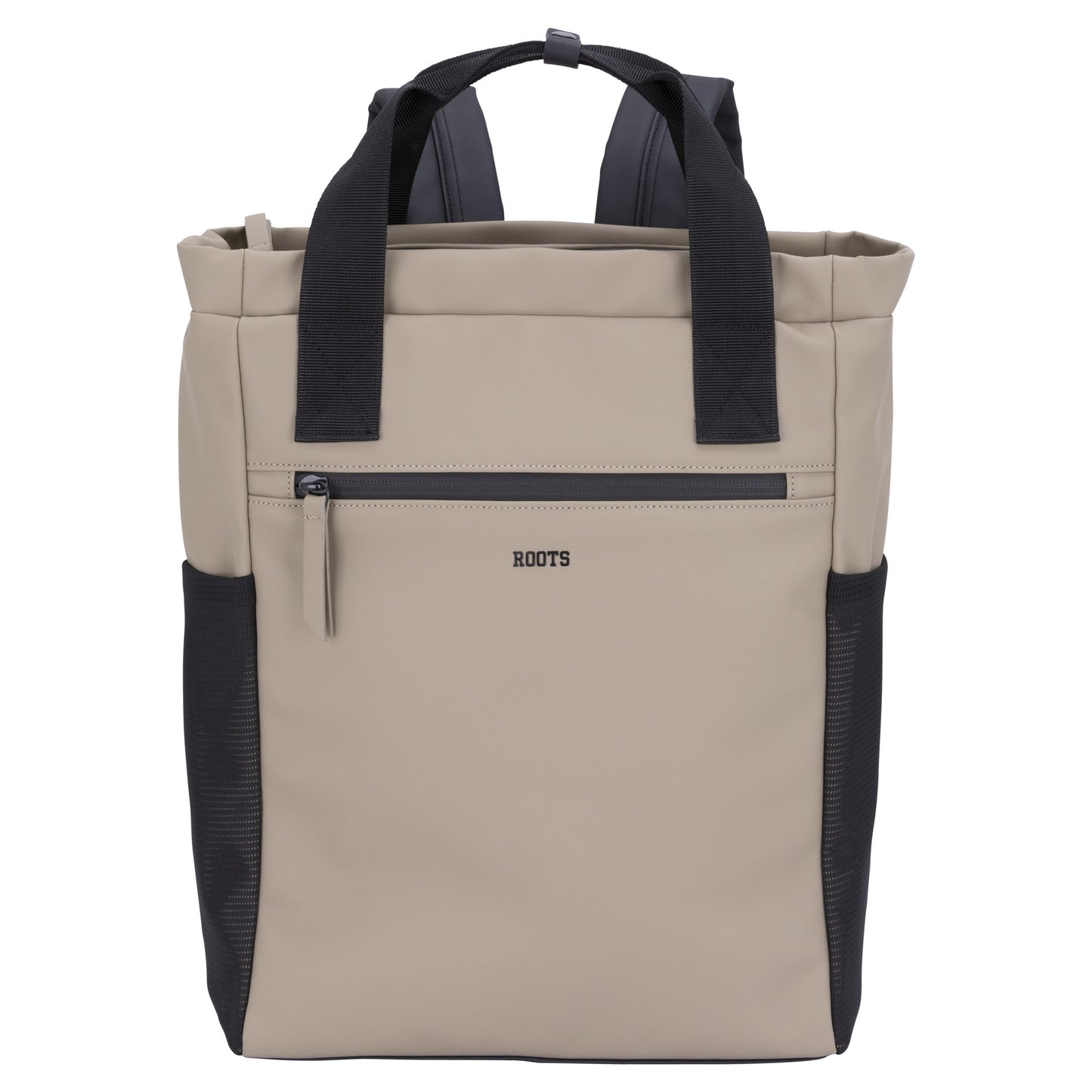 Roots Hamilton Tote Backpack by Roots: beige with black handles, laptop compartment, front pocket, and logo.