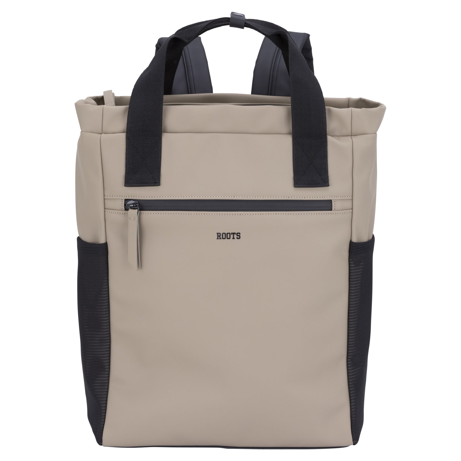 Roots Hamilton Tote Backpack by Roots: beige with black handles, laptop compartment, front pocket, and logo.