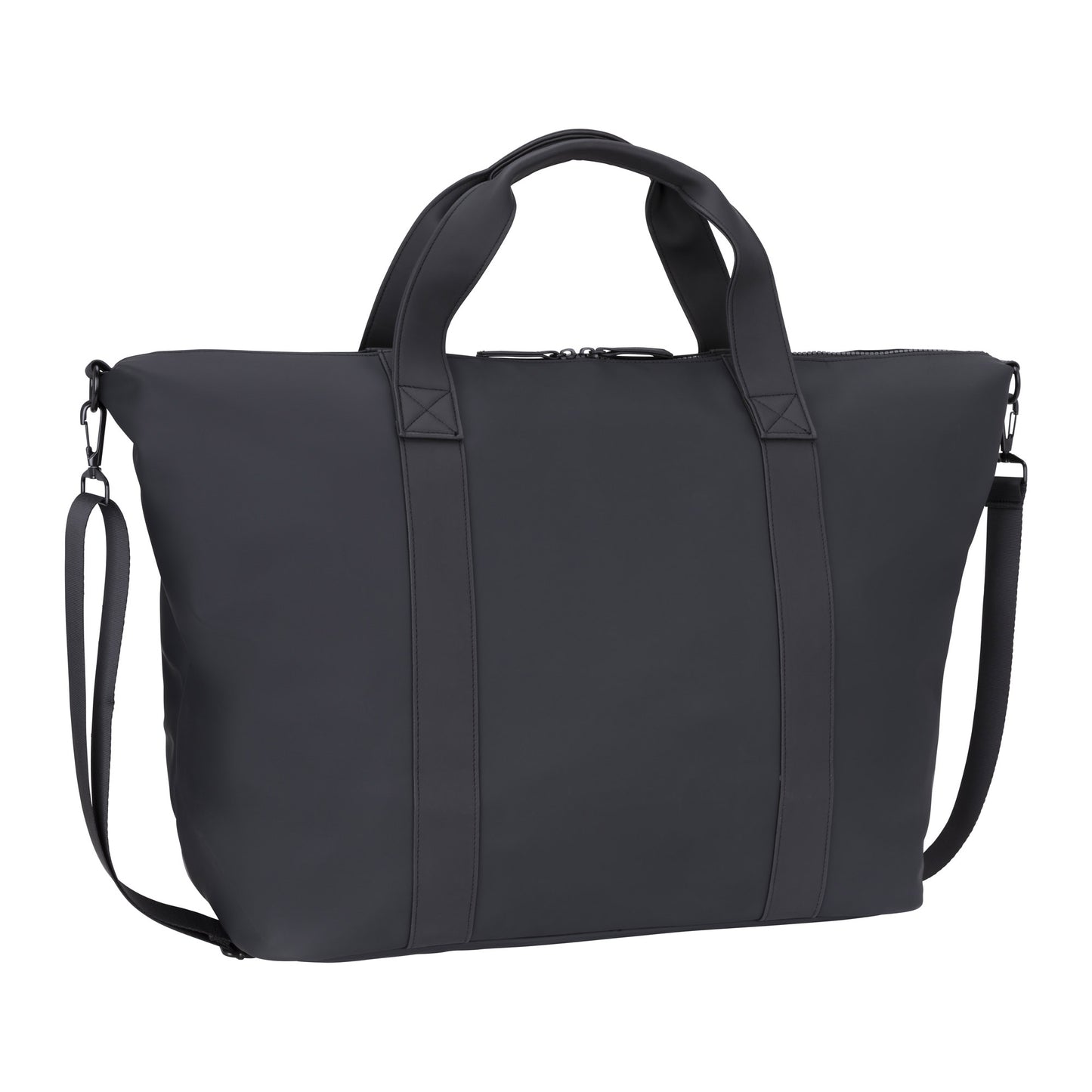 The Roots Rhaego 2.0 Overniter Bag - ONLINE ONLY is a sleek black tote perfect for the contemporary traveler, boasting two sturdy handles, a detachable shoulder strap, and a top zipper closure for effortless style and practicality.