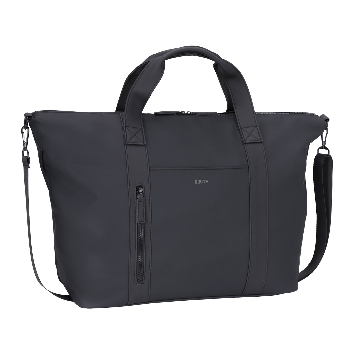 The Roots Rhaego 2.0 Overniter Bag - ONLINE ONLY seamlessly blends style and practicality with its elegant black design, offering two handles, a detachable shoulder strap, and a front zip pocket—ideal for the contemporary traveler.