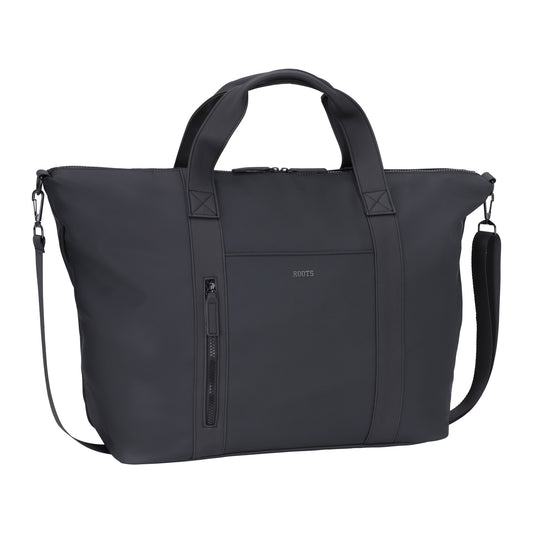 Product Image – The Roots Rhaego 2.0 Overniter Bag - ONLINE ONLY seamlessly blends style and practicality with its elegant black design, offering two handles, a detachable shoulder strap, and a front zip pocket—ideal for the contemporary traveler.