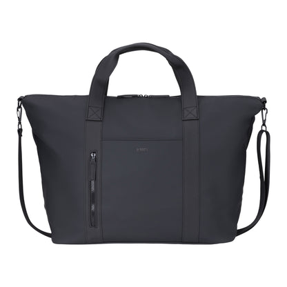 The Roots Rhaego 2.0 Overniter Bag - ONLINE ONLY is a black tote by Roots, ideal for the modern traveler with its stylish design and practical features, including short handles, a front zipper pocket, and a detachable shoulder strap.