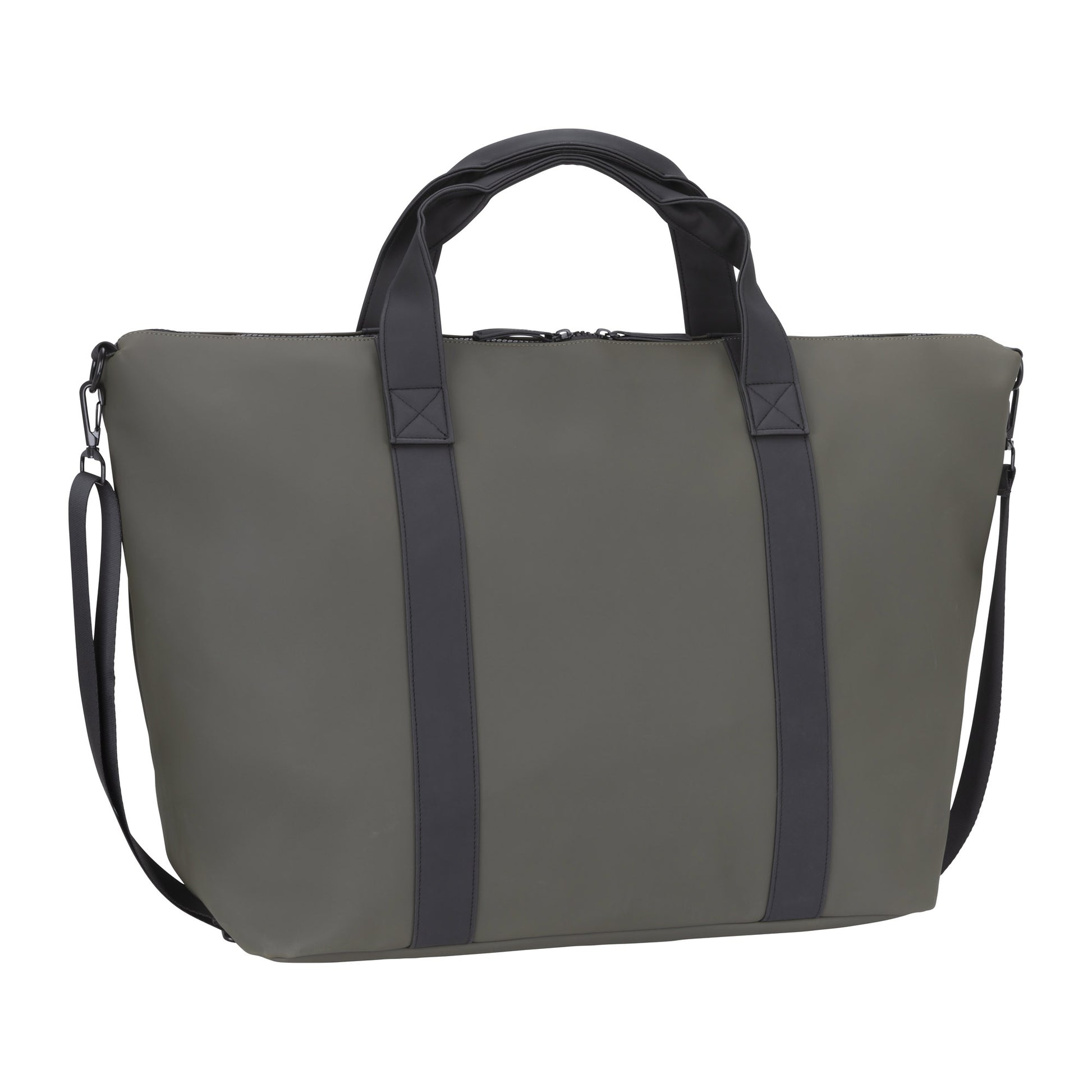 The Roots Rhaego 2.0 Overniter Bag - ONLINE ONLY, ideal for today's traveler, blends style and functionality in a spacious khaki green tote featuring black handles and a detachable shoulder strap.