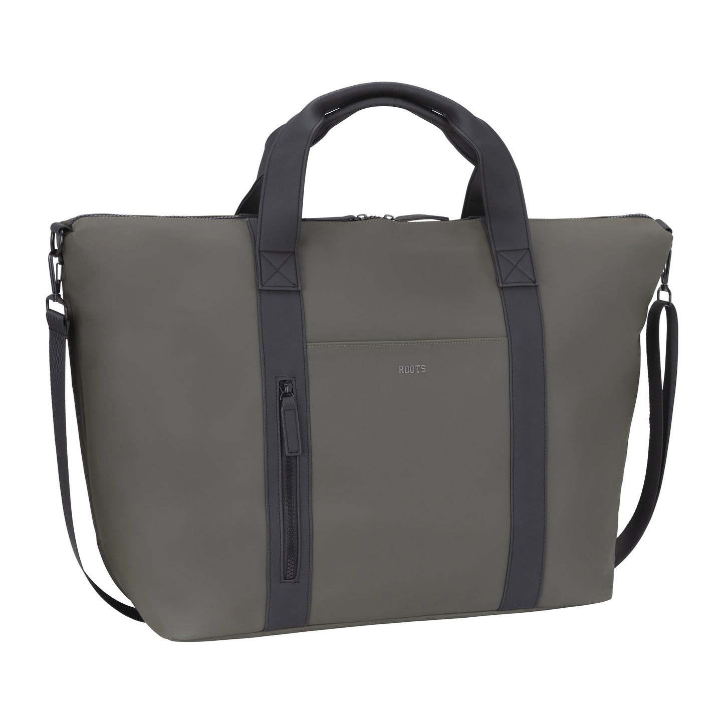 The Roots Rhaego 2.0 Overniter Bag - ONLINE ONLY is ideal for today's traveler, boasting a sleek khaki and black design that balances style with functionality. It includes double handles and a detachable shoulder strap, offering versatile carrying options.