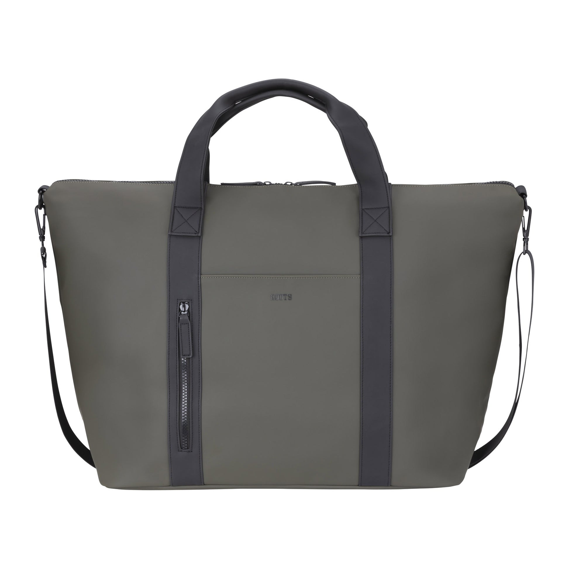 The Roots Rhaego 2.0 Overniter Bag - ONLINE ONLY, from the brand Roots, is a khaki green tote with black handles and straps. It features a front zipper pocket and a detachable shoulder strap, making it an ideal blend of style and functionality for the modern traveler embarking on any adventure.