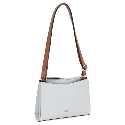 Product Image – Roots Crossbody bag: light grey, brown straps, logo, adjustable shoulder strap. Front slip pocket.