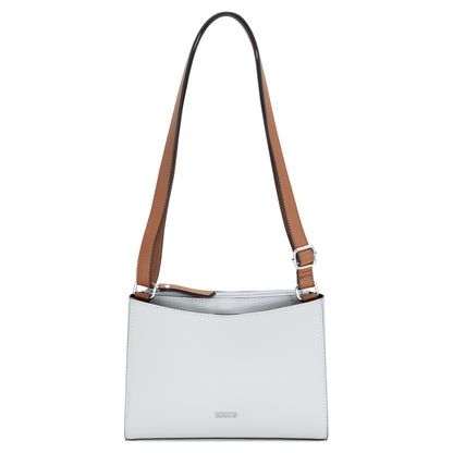 Roots Crossbody Bag light grey with brown strap and open slip pocket; simple design.