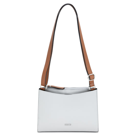 Product Image – Roots Crossbody Bag light grey with brown strap and open slip pocket; simple design.