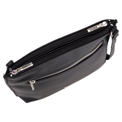 Roots 3-Compartment Crossbody by Roots in black leather with silver zippers and adjustable strap, top view.