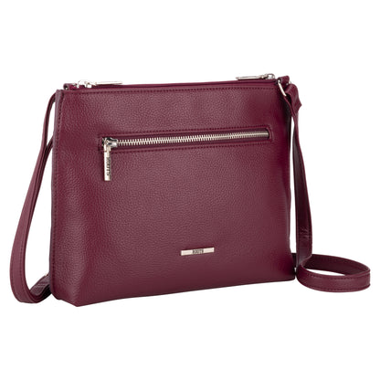 Roots 3-Compartment Crossbody by Roots in burgundy, with front zipper pocket, made from recycled polyester.
