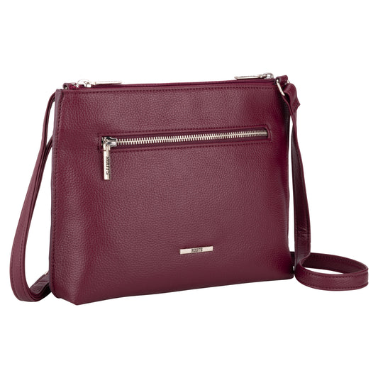 Product Image – Roots 3-Compartment Crossbody by Roots in burgundy, with front zipper pocket, made from recycled polyester.