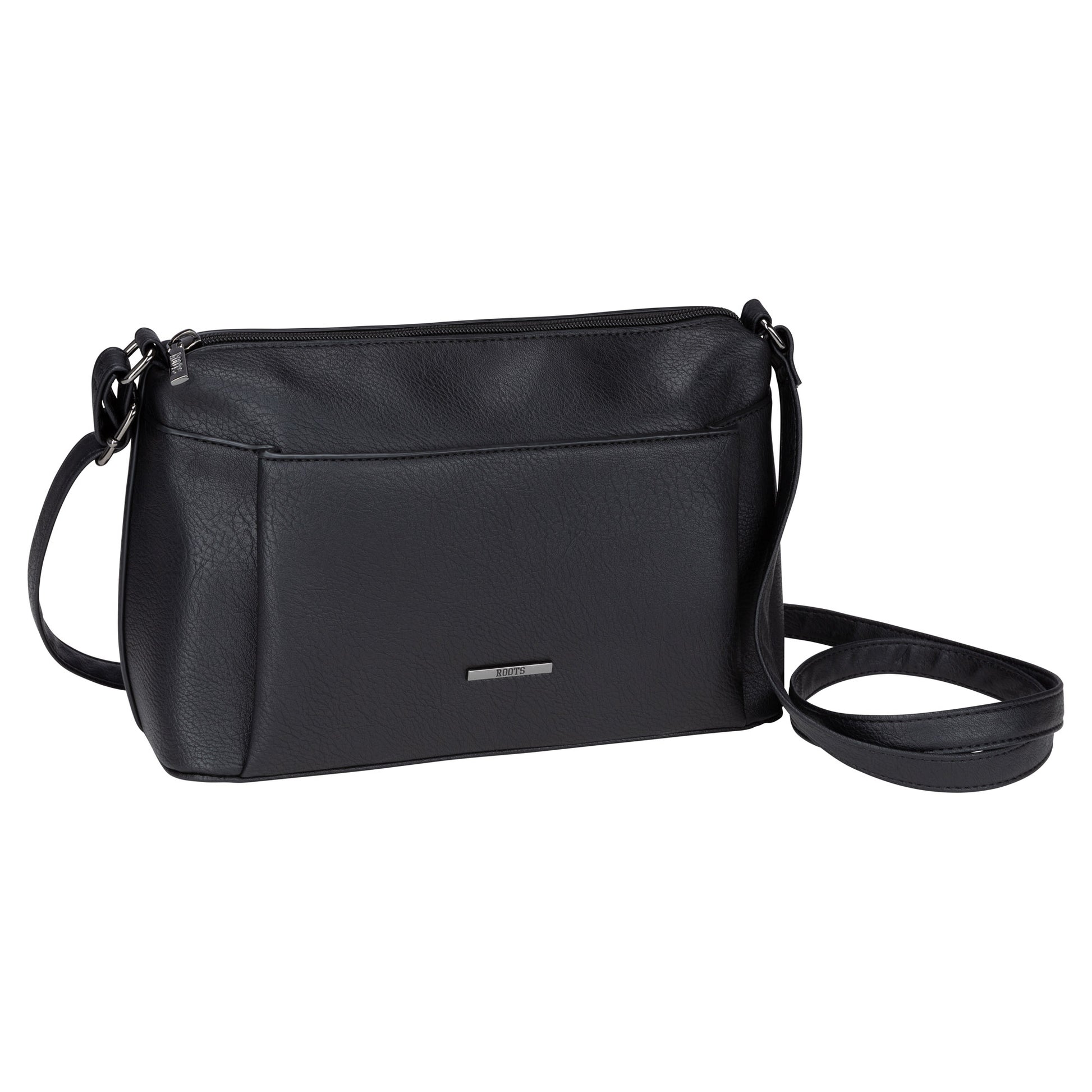 Roots Faux Leather Top Zip Crossbody with front pocket and adjustable strap, shown against a white background.
